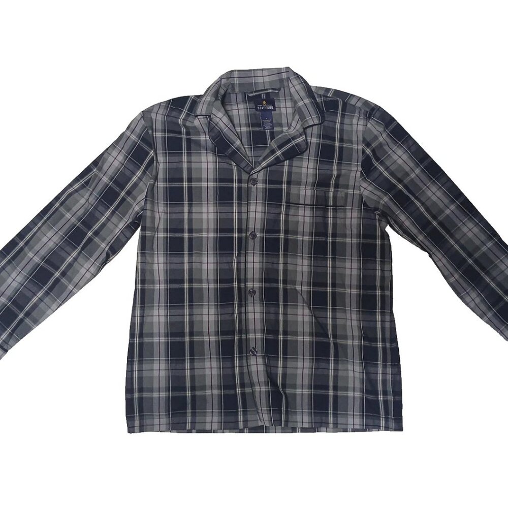 Stafford Travel Wrinkle Free Oxford Sleepwear Dress Shirt L Blue Gray Plaid